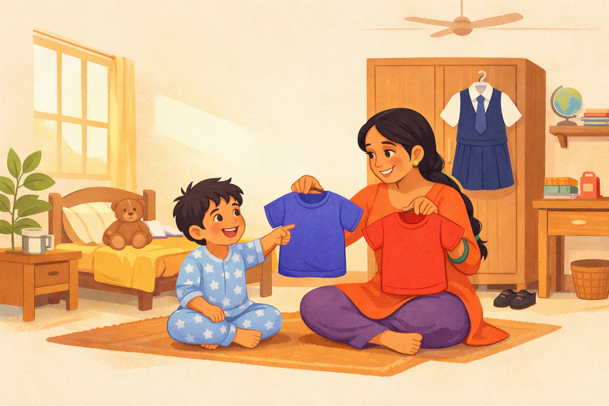 सुबह माँ नीली और लाल टी-शर्ट दिखाकर पूछ रही हैं कि कौन-सी पहनोगे; पजामे में बैठा पाँच साल का बेटा नीली वाली की ओर इशारा करके जवाब दे रहा है