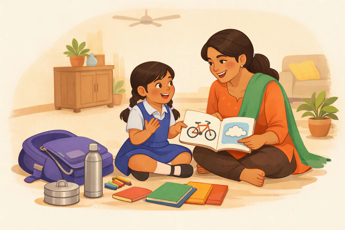 स्कूल से लौटी छह साल की बच्ची बस्ता खोलकर पेंसिल बॉक्स, कॉपियाँ और चित्रों वाली किताब निकाल रही है; माँ किताब का एक चित्र दिखाकर बात कर रही हैं