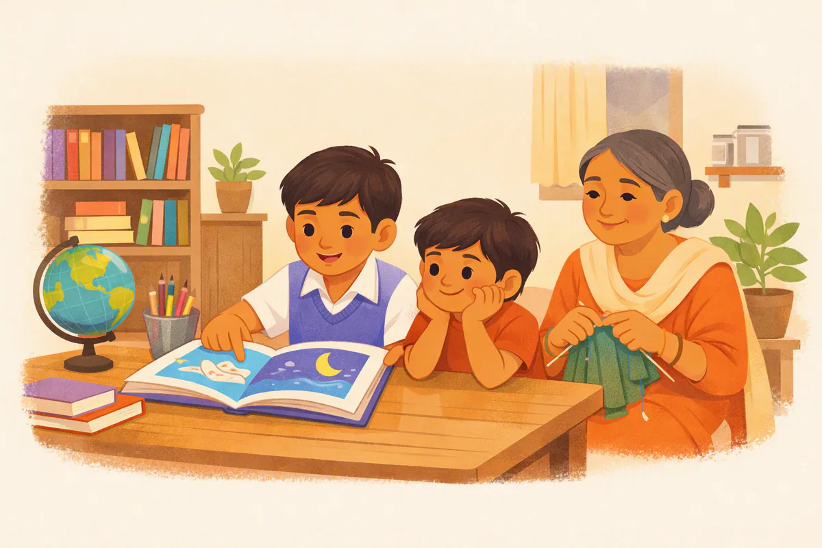 शाम को पढ़ाई की मेज़ पर नौ साल का बेटा चित्रों वाली कहानी की किताब ज़ोर से पढ़ रहा है; छोटा भाई सुन रहा है और दादी पास बैठकर मुस्कुरा रही हैं