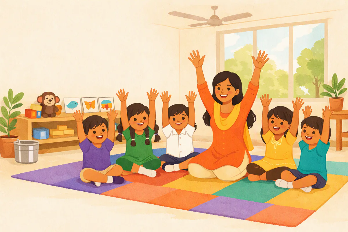 प्री-प्राइमरी कक्षा में चार-पाँच साल के बच्चे टीचर के साथ हाथ ऊपर उठाकर एक्शन सॉन्ग गा रहे हैं