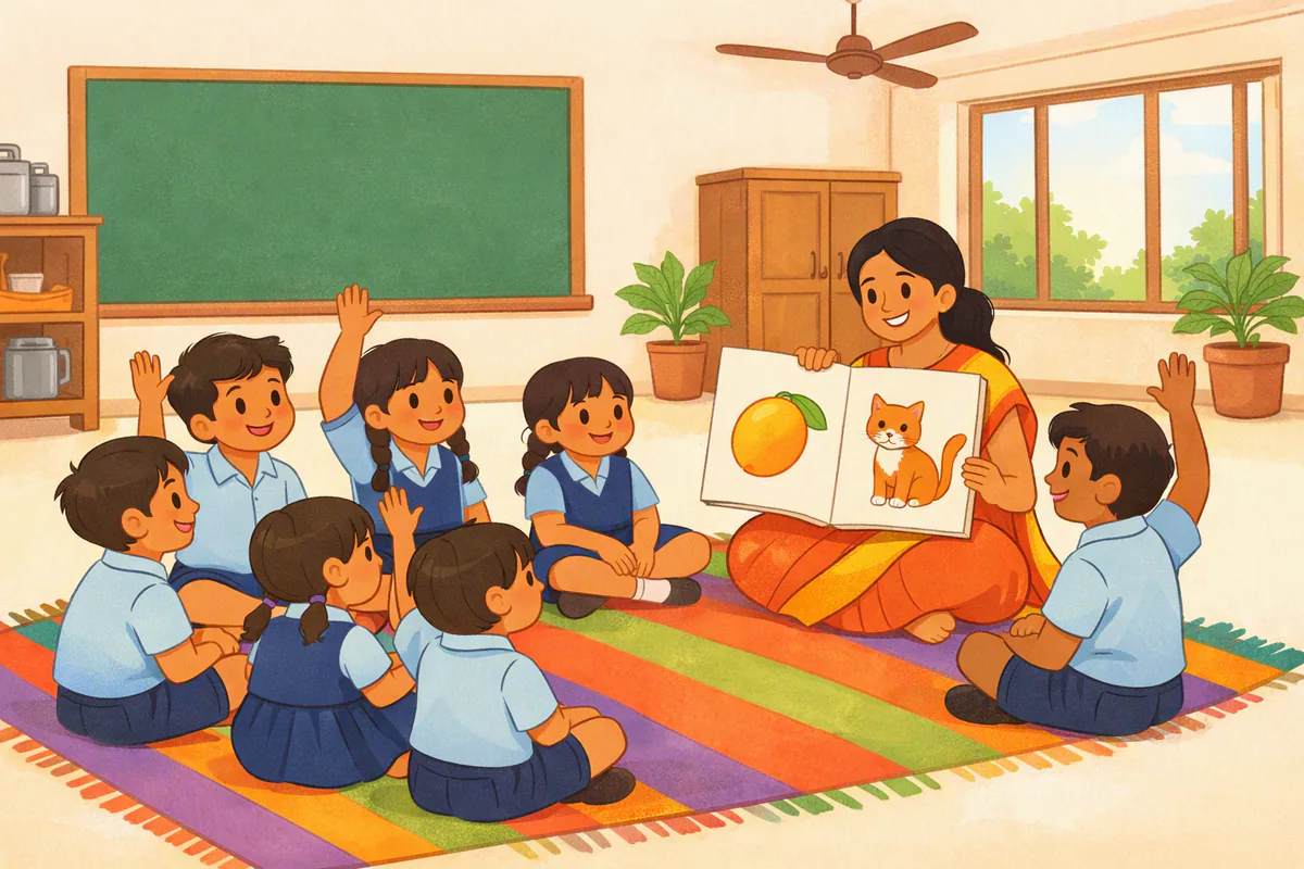 प्राइमरी स्कूल की कक्षा में यूनिफ़ॉर्म पहने बच्चे घेरा बनाकर बैठे हैं और टीचर चित्रों वाली बड़ी किताब दिखाकर बातचीत करवा रही हैं