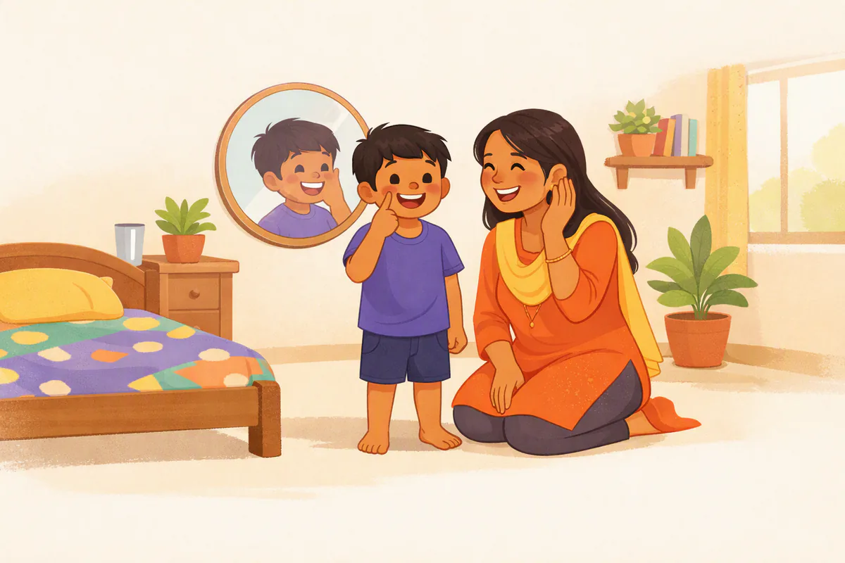 आईने के सामने सात साल का बेटा अपना गाल छूकर हँस रहा है और पास बैठी माँ अपना कान छूकर खेल में साथ दे रही हैं