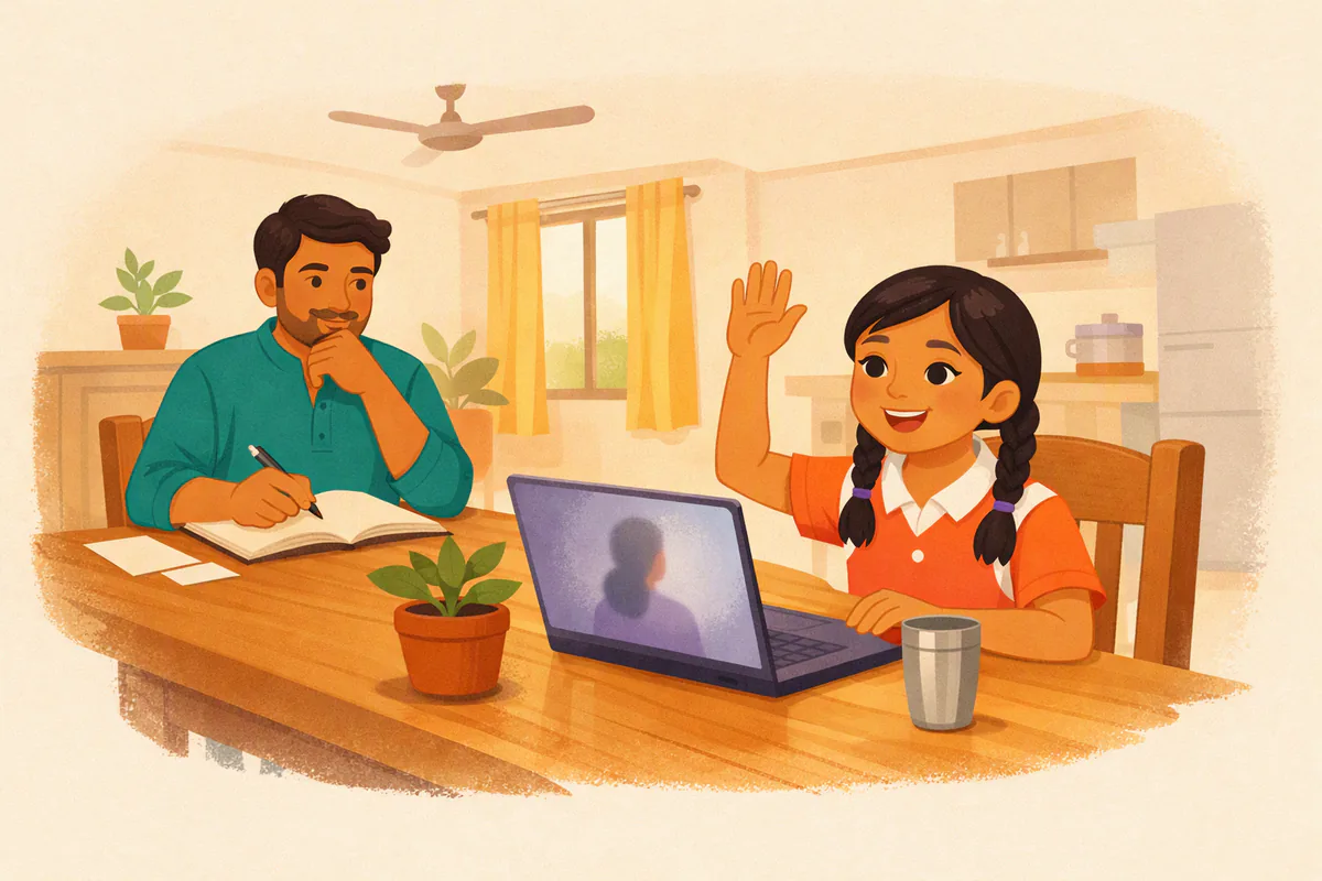 डाइनिंग टेबल पर लैपटॉप के सामने बैठी आठ साल की बच्ची ऑनलाइन क्लास में हाथ उठाकर बोल रही है, मेज़ के दूसरी ओर पिता नोटबुक में कुछ लिख रहे हैं