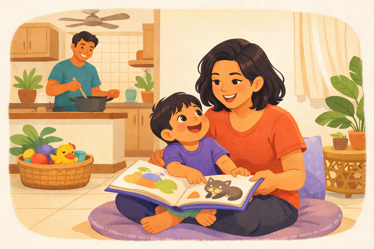 Ibu membacakan buku bergambar untuk balitanya yang menunjuk gambar kucing; di belakang, ayah memasak sambil tersenyum ke arah mereka