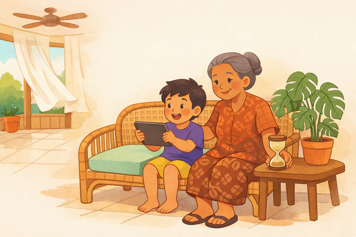 Anak laki-laki usia sekitar enam tahun berbicara ke arah tablet sambil tersenyum di sofa rotan; neneknya mendengarkan di sampingnya dengan tangan di dekat jam pasir