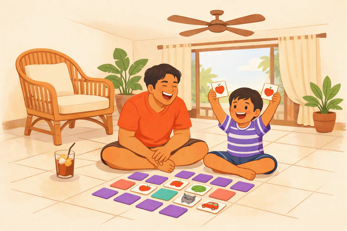 Anak kelas 2 dan ayahnya bermain kartu memori bergambar di lantai ruang tamu, si anak mengangkat sepasang kartu yang cocok