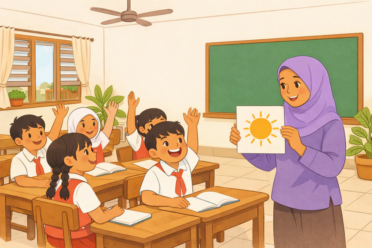 Di kelas SD, guru berhijab mengangkat kartu bergambar matahari dan murid kelas 3 berseragam merah putih mengangkat tangan untuk menjawab