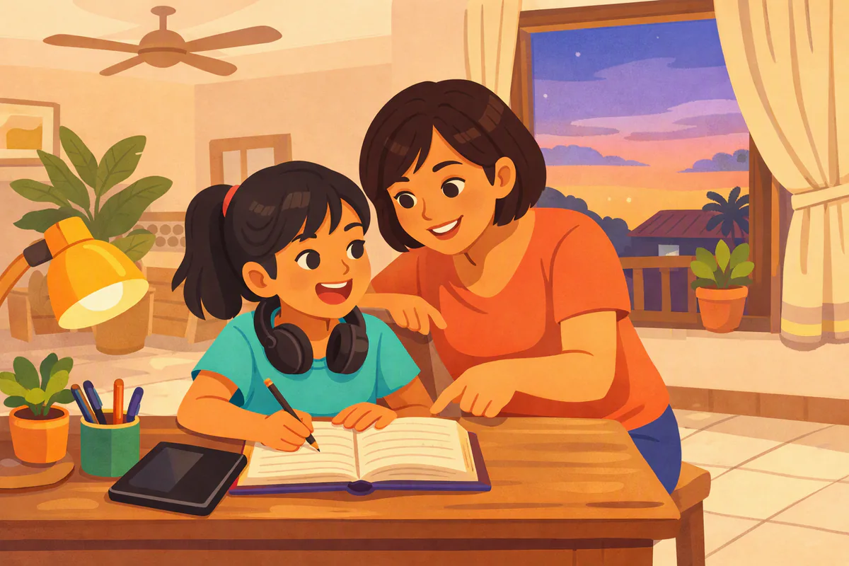 Anak kelas 4 menulis di buku catatan sambil mengucapkan kata dengan lantang, ibunya mencondongkan badan dan menunjuk buku itu dengan senyum