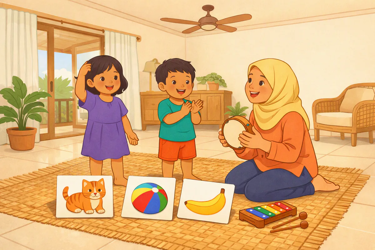 Dua anak usia TK bernyanyi sambil menyentuh kepala dan bertepuk tangan, ibunya yang berhijab ikut bernyanyi dengan rebana kecil di atas tikar