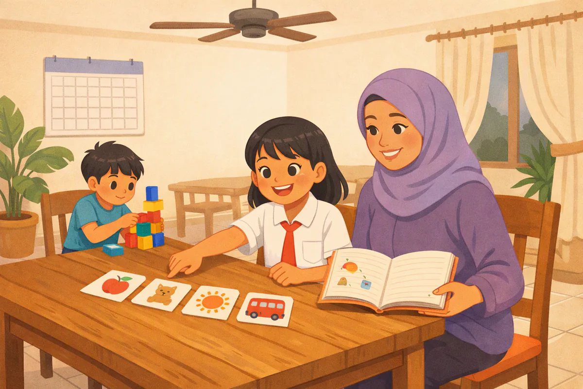 Anak perempuan berseragam SD merah putih menunjuk kartu bergambar apel, hewan, matahari dan bus di meja makan; ibunya yang berhijab tersenyum di sampingnya, adiknya menyusun balok mainan