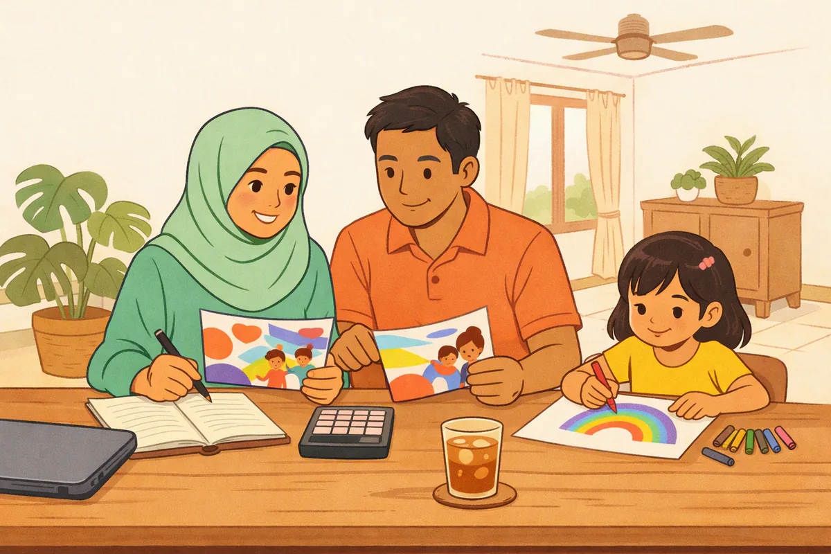 Ibu berhijab hijau mint dan ayah berkaos polo membandingkan dua brosur kursus dan kalkulator di meja; anak perempuan mereka menggambar pelangi dengan krayon di sebelahnya