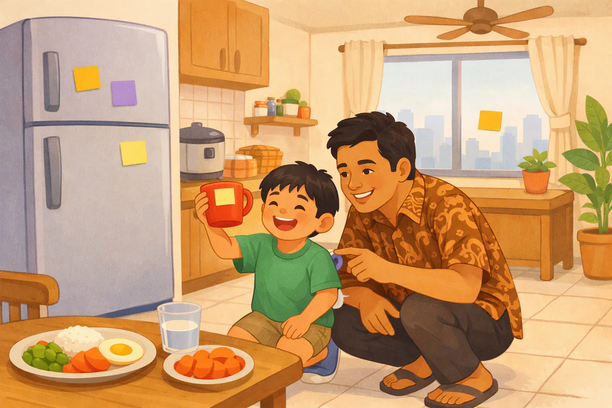 Ayah berkemeja batik dan anak laki-lakinya menempel kertas catatan berwarna pada cangkir merah, kulkas dan jendela di dapur apartemen; si anak mengangkat cangkir merah sambil tertawa