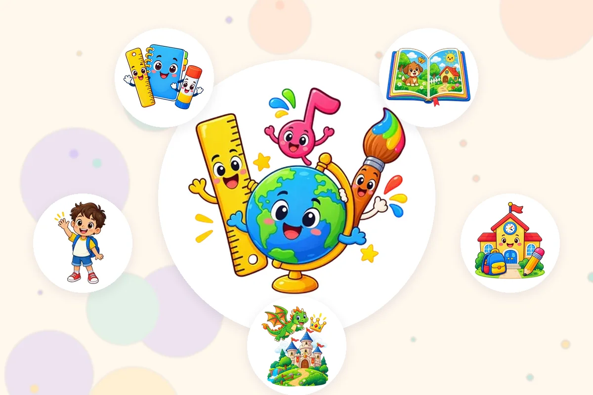 Ilustrasi dari aplikasi Lumi Kids: penggaris, bola dunia dan kuas di tengah, dikelilingi buku cerita, gedung sekolah, istana dongeng, anak yang menyapa dan alat tulis