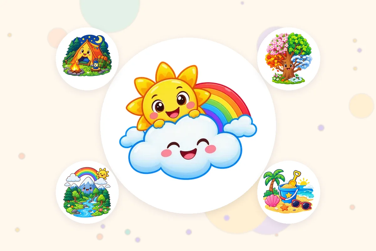 Ilustrasi dari aplikasi Lumi Kids: matahari, awan dan pelangi dikelilingi pohon empat musim, pantai, sungai di alam dan tenda perkemahan