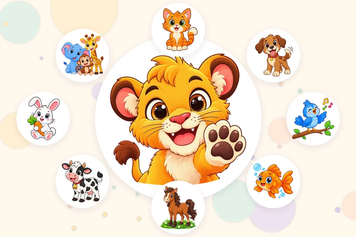 Ilustrasi dari aplikasi Lumi Kids: anak singa yang melambai dikelilingi kucing, anjing, burung, ikan, kuda, sapi, kelinci dan hewan liar