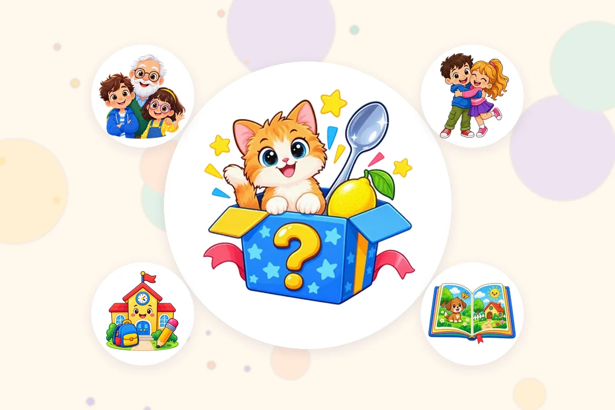 Ilustrasi dari aplikasi Lumi Kids: kotak bertanda tanya dengan anak kucing di dalamnya, dikelilingi anak-anak, buku, gedung sekolah dan keluarga