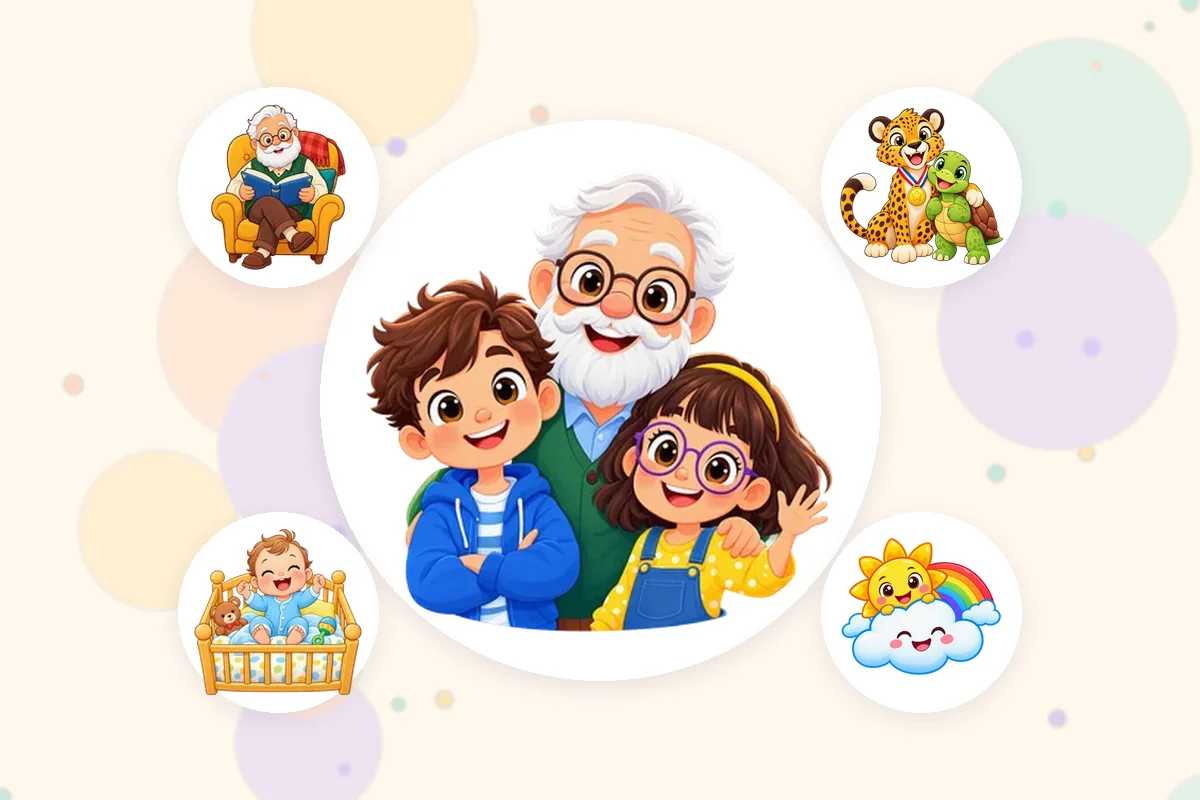 Ilustrasi dari aplikasi Lumi Kids: kakek dan dua anak dikelilingi cheetah dan kura-kura, matahari dan awan, bayi, dan kakek yang membaca di kursi