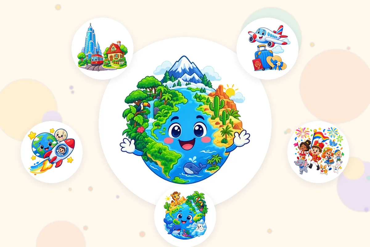 Ilustrasi dari aplikasi Lumi Kids: bola dunia yang tersenyum dikelilingi pesawat dan koper, festival, tempat hidup hewan, roket dan kota