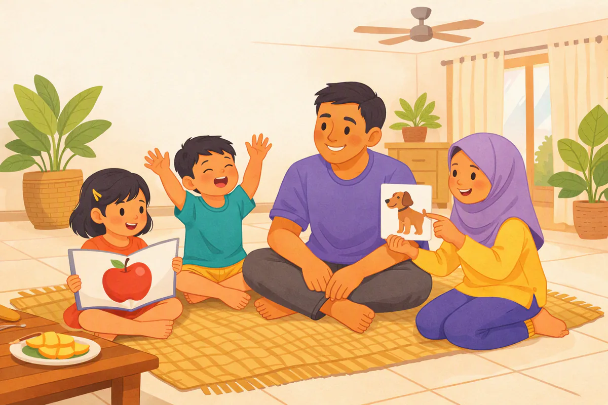 Seorang ayah duduk di tikar bersama tiga anak berusia sekitar 4, 6 dan 9 tahun: yang kecil memegang buku bergambar apel, yang tengah bernyanyi sambil mengangkat tangan, yang besar menunjuk kartu bergambar anjing