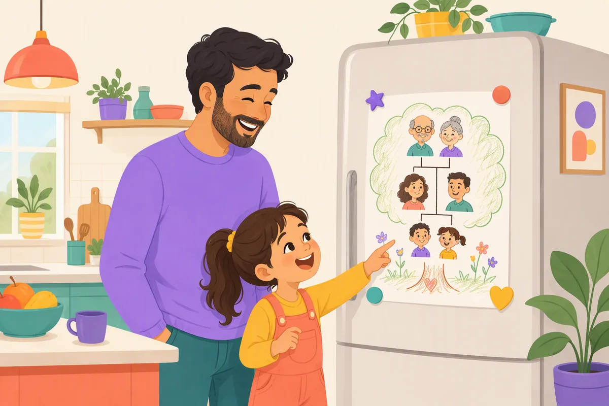 Baba ve küçük kızı mutfakta buzdolabına asılmış aile ağacı çizimine bakıp gülüyorlar