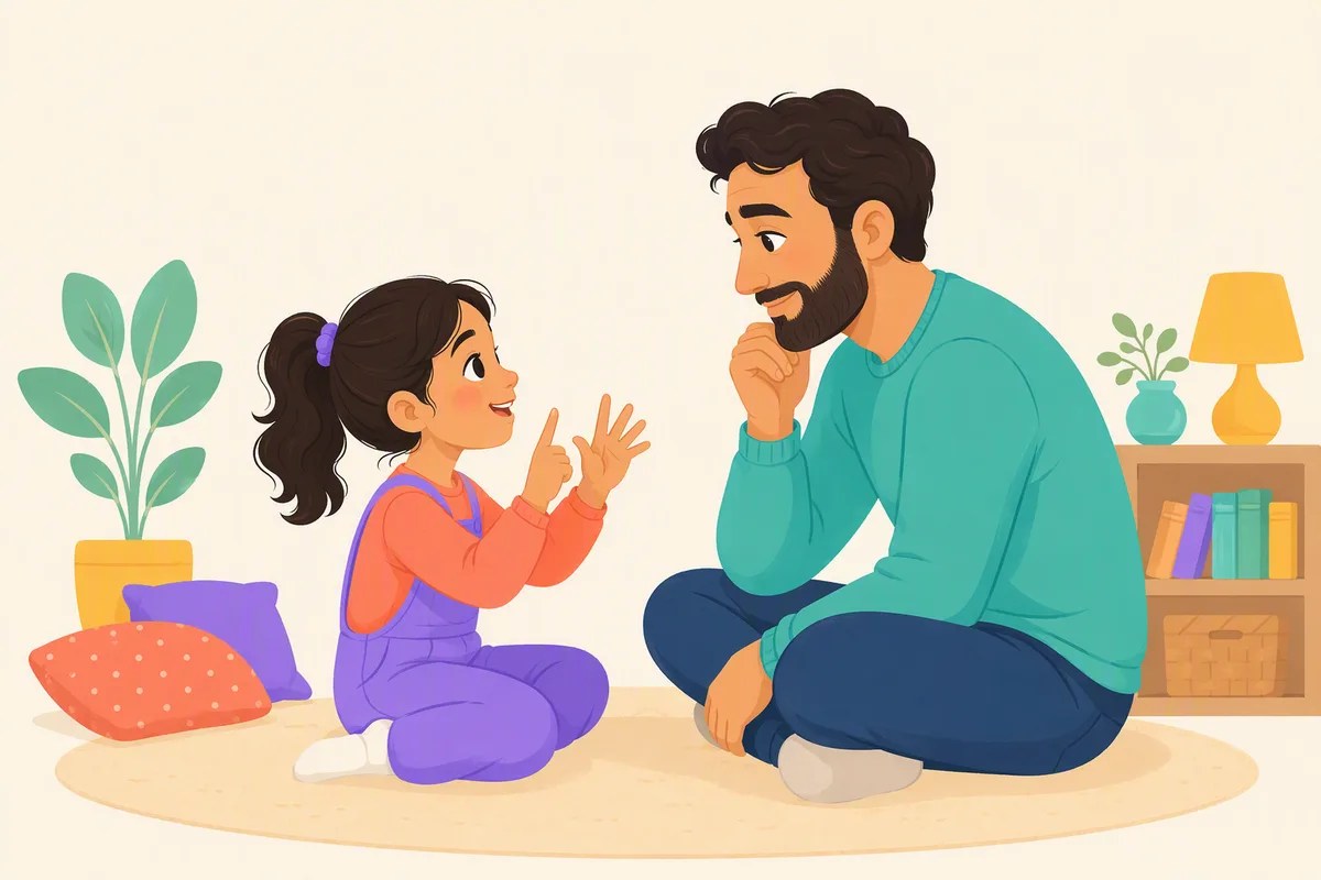 Sekiz yaşında bir kız çocuk mutfak masasında kâğıda yazdığı adının harflerini teker teker parmağıyla göstererek yüksek sesle söylüyor, babası dinliyor