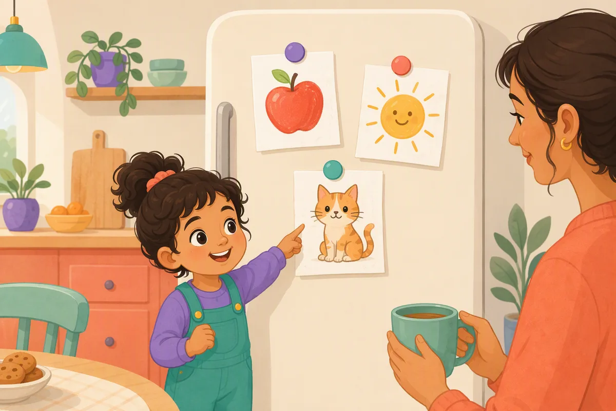 Buzdolabına mıknatısla asılmış boyanmış elma, kedi ve güneş sayfaları, önünde parmağıyla kediyi gösteren çocuk