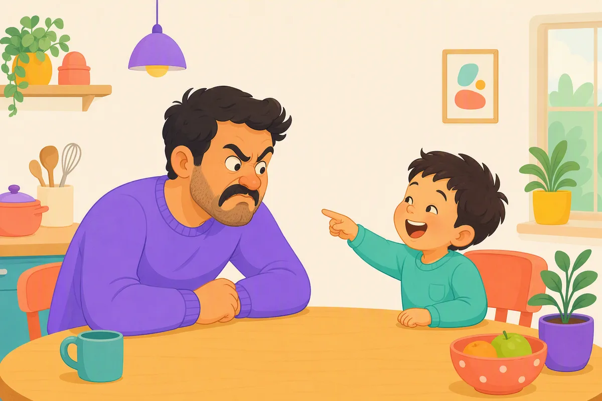 Bir baba ve küçük oğlu mutfak masasında karşılıklı oturmuş, baba abartılı bir kızgın yüz yapıyor, çocuk gülerek tahmin ediyor