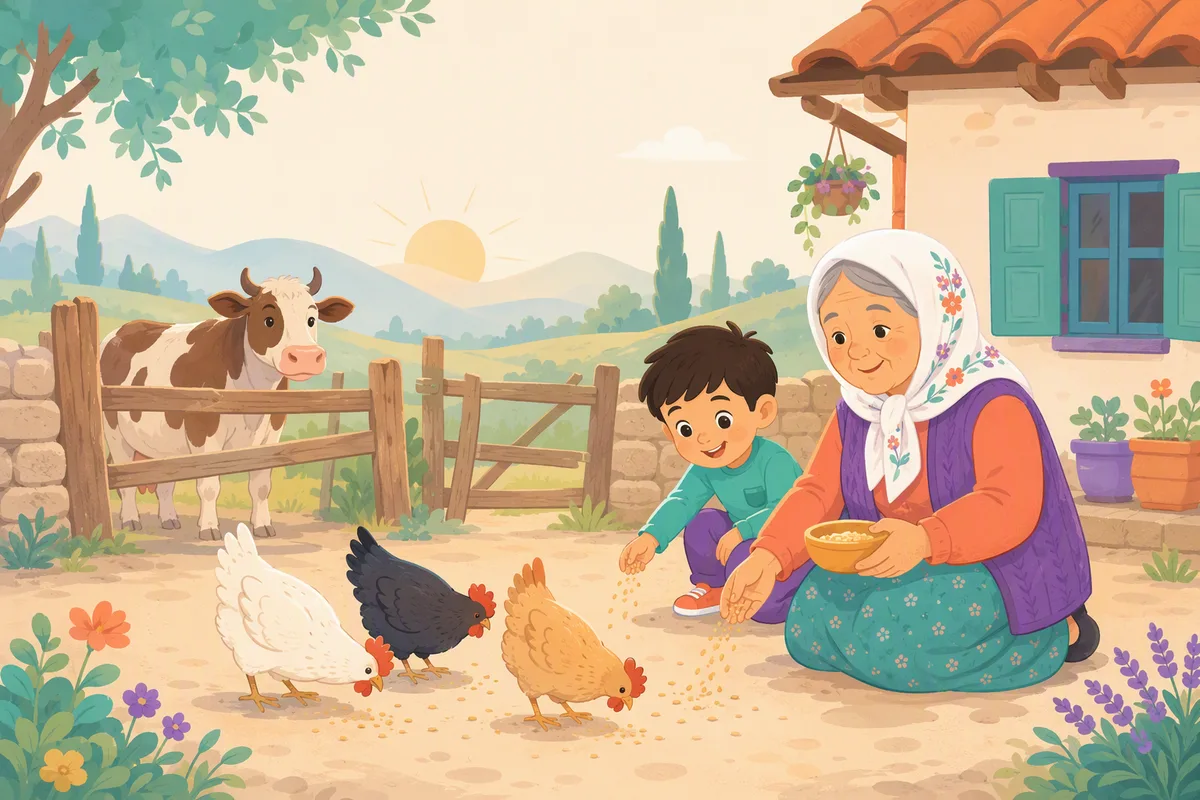 Bir babaanne ve torunu Türkiye'de bir köy avlusunda tavuklara yem veriyor, arkada ahşap çitin ardında inek görünüyor