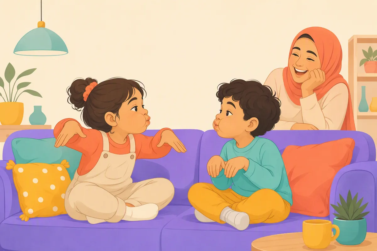 İki çocuk kanepede birbirine hayvan sesleri çıkarıyor, biri kollarını ördek gibi çırpıyor, arkada gülen bir ebeveyn var