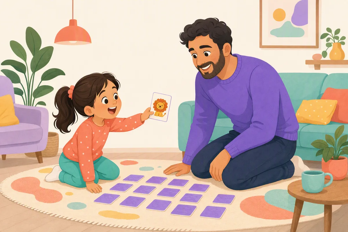 Baba ve çocuğu oturma odasında halının üzerinde ters çevrilmiş resimli kartlarla eşleştirme oyunu oynuyor