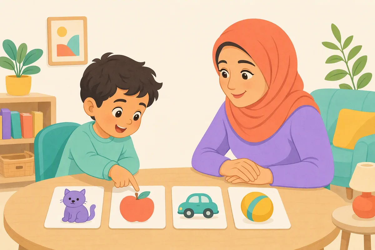 Çocuk masadaki dört resimden birini parmağıyla gösteriyor, ebeveyni karşısında oturmuş gülümseyerek bekliyor