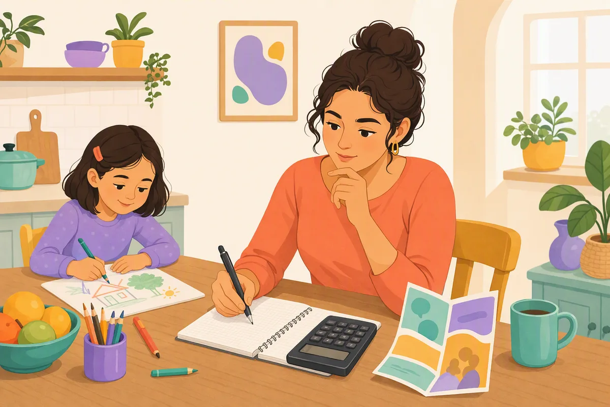 Mutfak masasında kurs broşürü, hesap makinesi ve tabletle karşılaştırma yapan iki ebeveyn