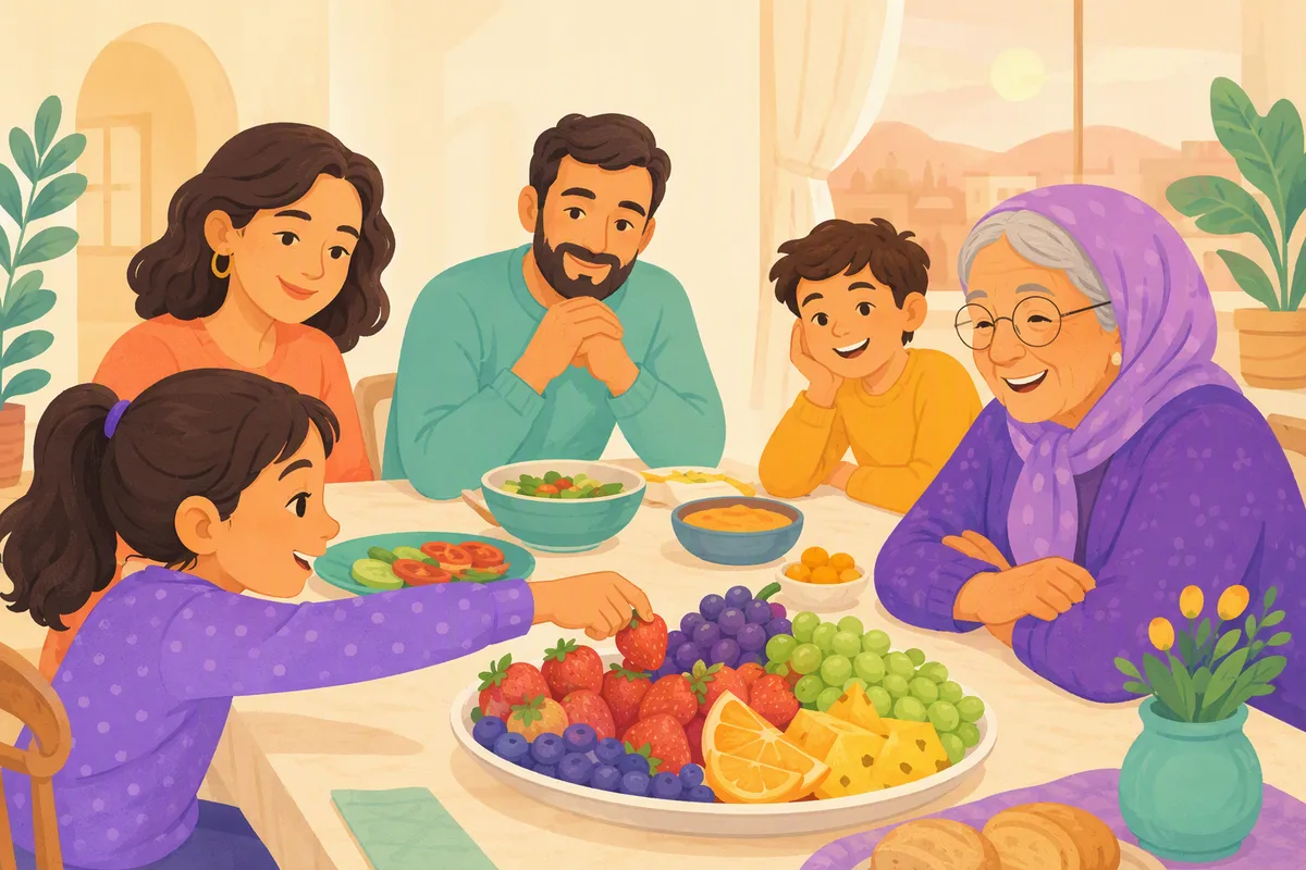 Bir çocuğun eli aile sofrasındaki renkli meyve tabağından çilek seçiyor, karşıda babaanne gülümsüyor, sıcak akşam ışığı