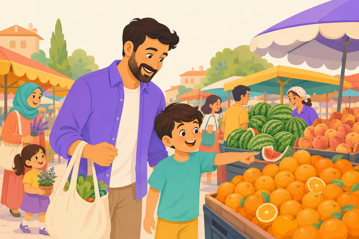 Baba ve oğlu kalabalık bir semt pazarında, çocuk bir kasa portakalı gösteriyor, baba bez alışveriş çantasını tutuyor, arkada karpuz ve şeftali tezgâhları