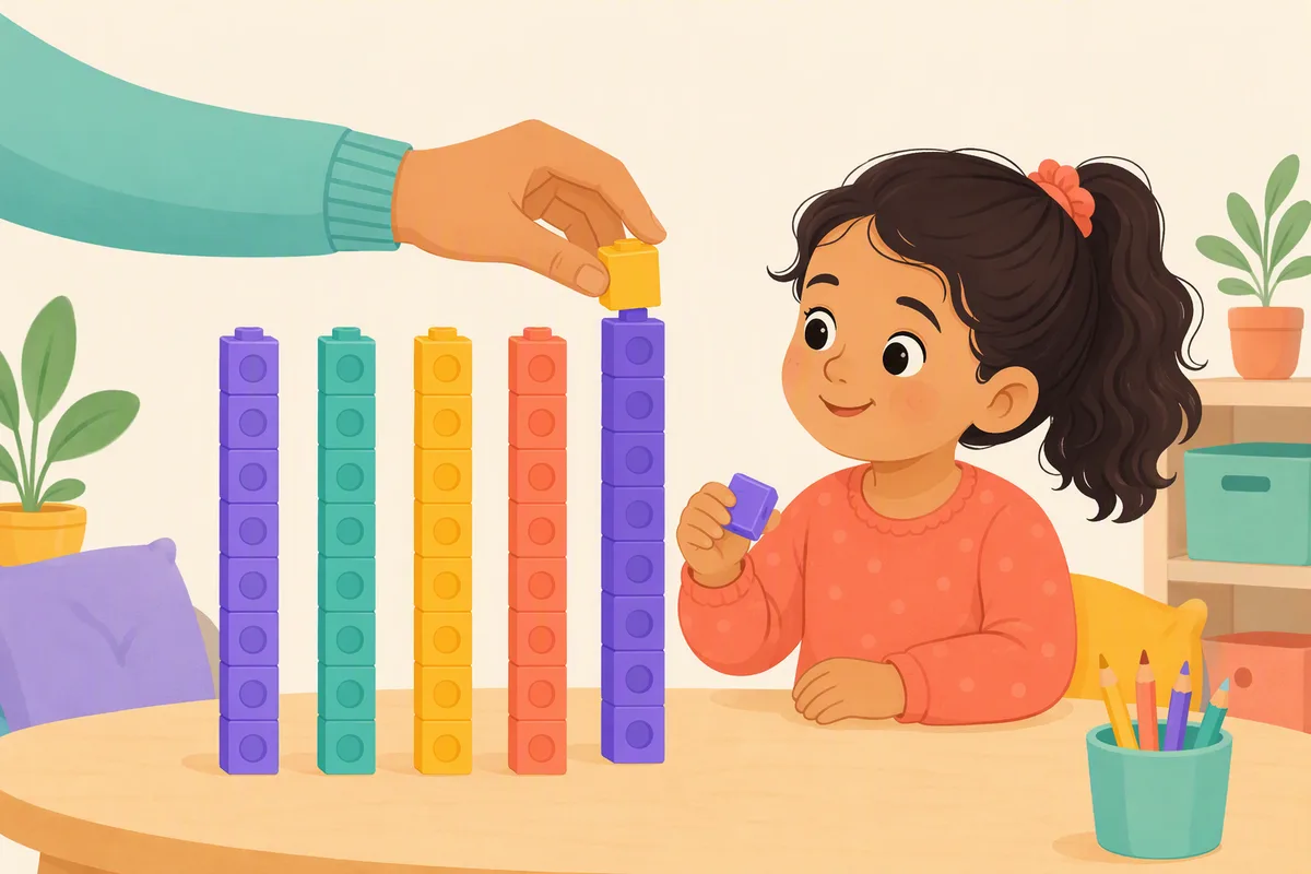 Dokuz yaşında bir kız çocuk halıda onluk lego bloklarından ve tekli parçalardan bir sayı kuruyor, babası yanında bir onluk bloğu uzatıyor