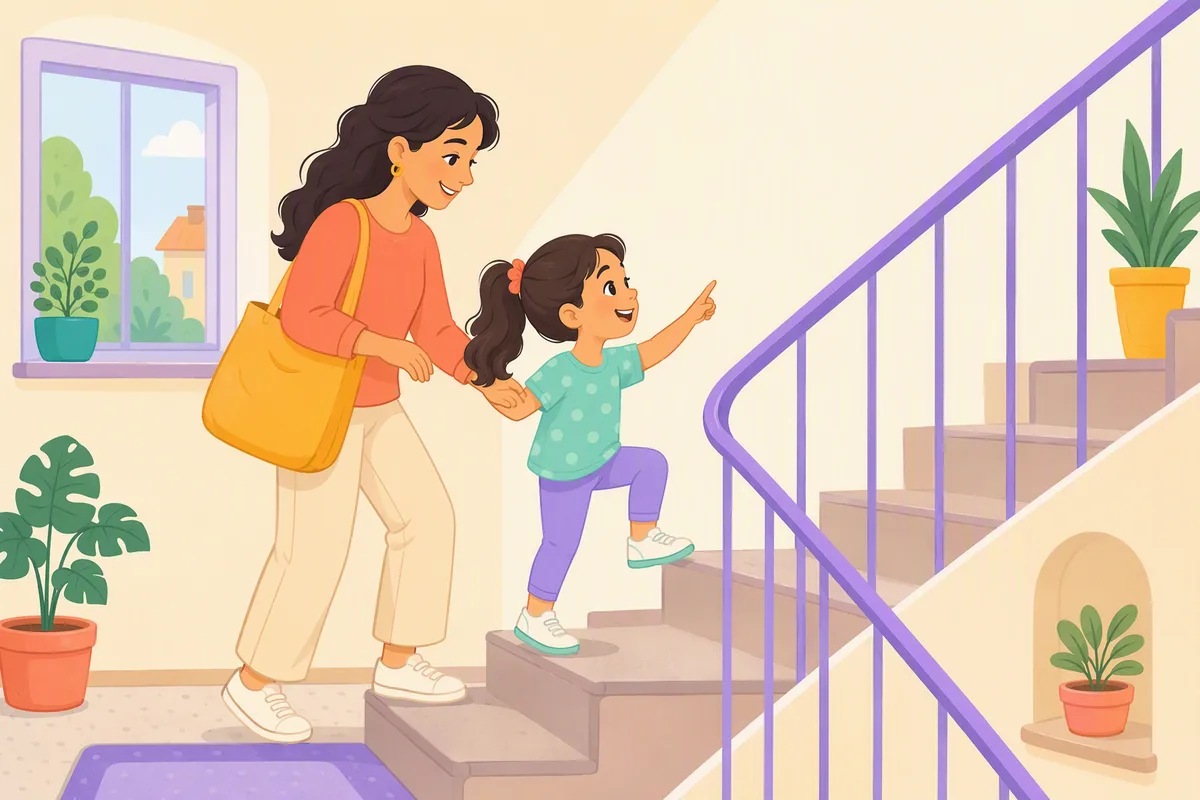 Anne ve küçük kızı apartman merdivenlerini birlikte çıkıyor, çocuk her basamağı sesli sayıyor