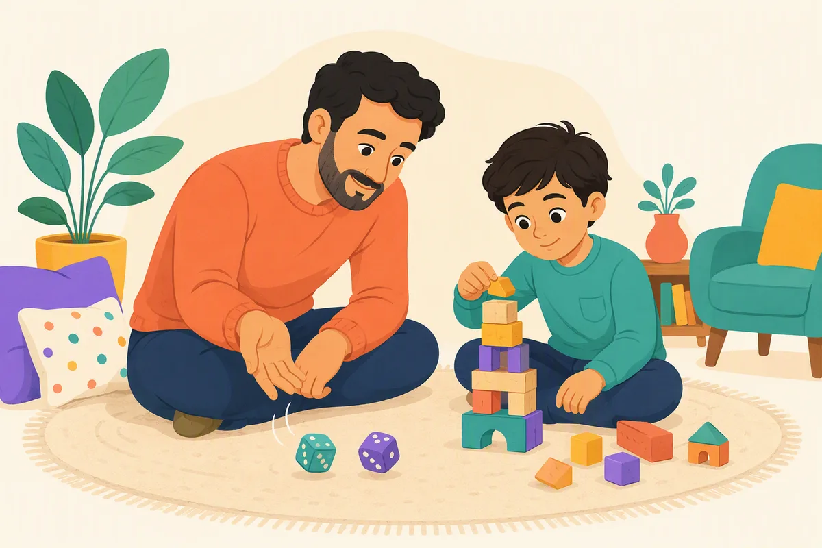 Baba ve ikinci sınıftaki oğlu halıda iki zar atıyor, küçük ahşap bloklardan kule yapıyorlar