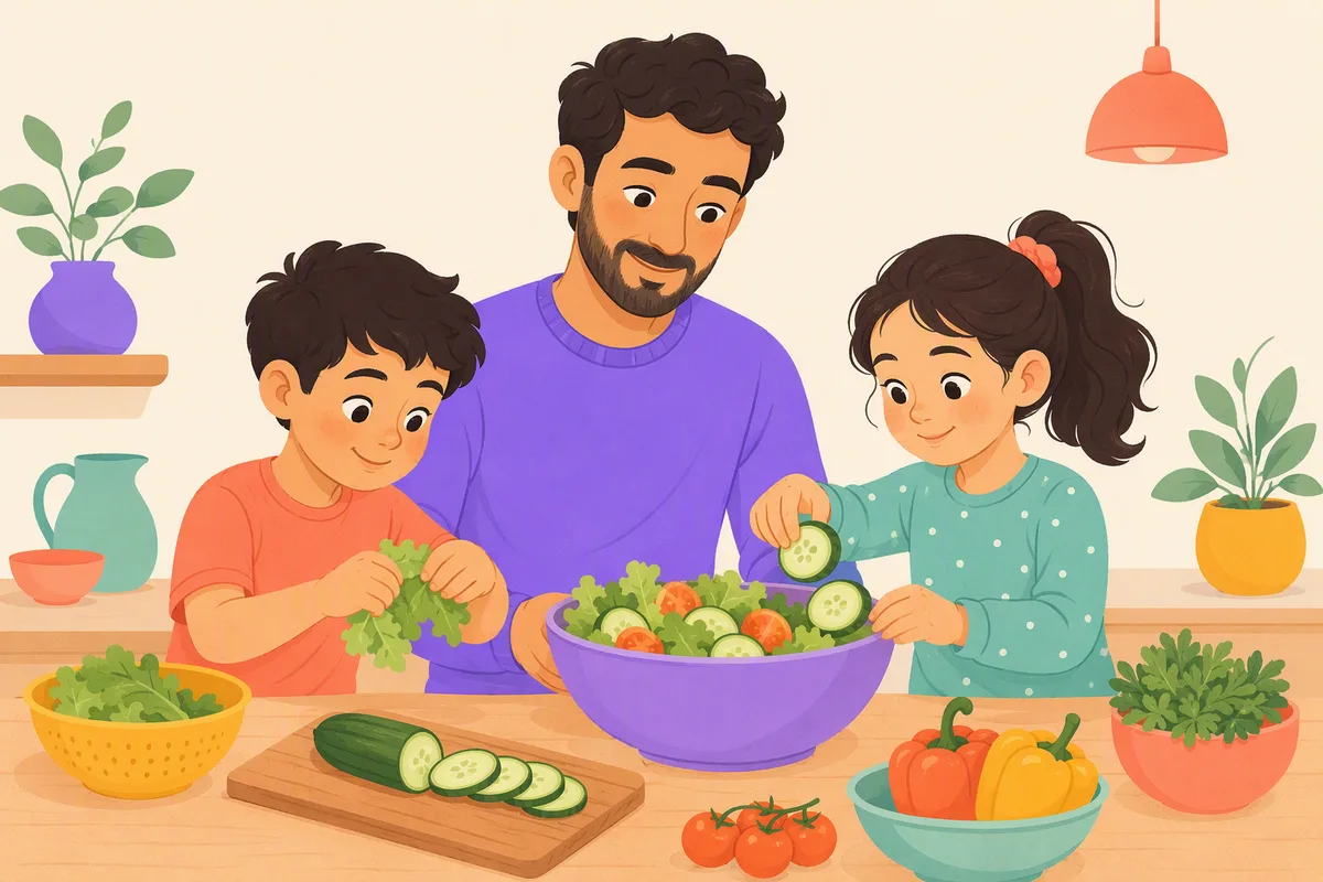 Baba ve iki çocuk mutfak masasında salata hazırlıyor, biri marulu parçalıyor, diğeri salatalık dilimlerini kâseye diziyor, herkes işine odaklanmış
