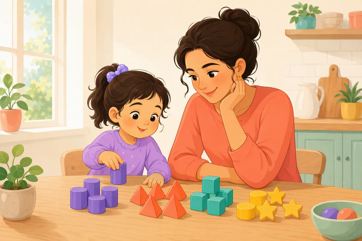 طفلة صغيرة تفرز أشكالًا ومكعبات خشبية ملونة على الطاولة، وأمها تجلس بجانبها وتراقبها مبتسمة