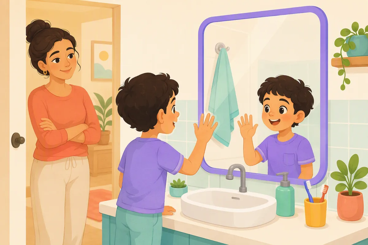 Yedi yaşındaki çocuk banyo aynasının karşısında kendine el sallayarak konuşuyor, kapıda annesi gülümseyerek dinliyor