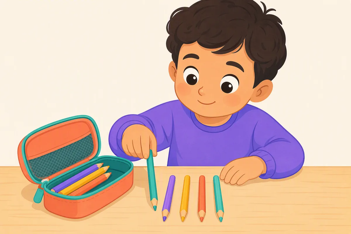 Çocuğun elinde kalem kutusu açık, içinden kalemleri tek tek çıkarıp masaya diziyor ve sayıyor