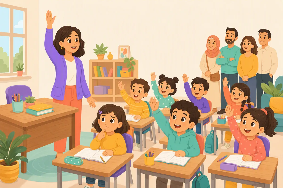 Een juf steekt in de klas haar hand op en de kinderen aan hun tafeltjes doen het na; achterin kijken ouders mee