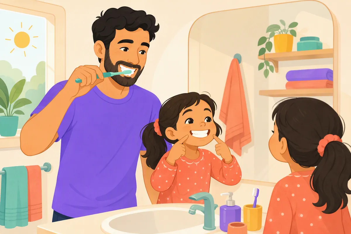 Baba ve kızı banyo lavabosunda yan yana diş fırçalıyor, kız aynada dişlerini göstererek kocaman gülümsüyor, sabah ışığı