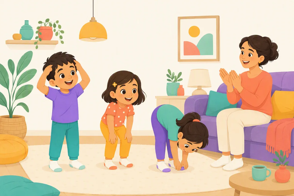 Üç çocuk oturma odasında baş-omuz-diz-ayak hareketlerini birlikte yapıyor, biri eğilmiş ayak parmaklarına dokunuyor, kanepedeki ebeveyn alkışla eşlik ediyor