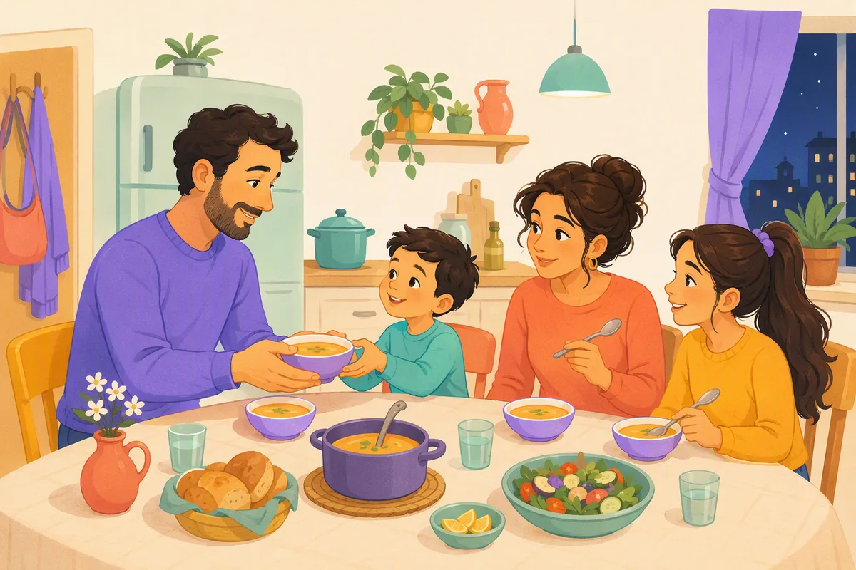 Baba akşam sofrasında küçük oğluna bir kâse çorba uzatıyor, anne ve abla kaşıklarıyla bekliyor, Türkiye'de bir apartman dairesinin küçük mutfağı, akşam