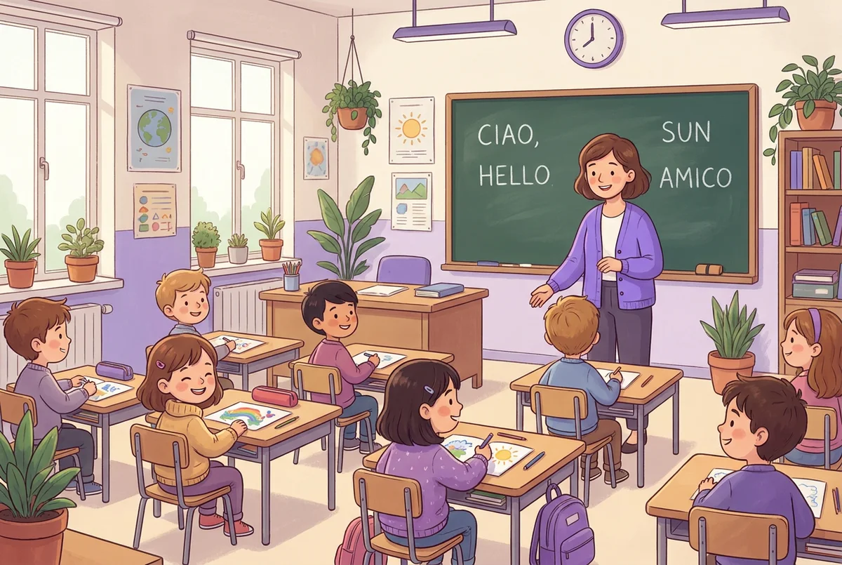 Un'aula di scuola primaria italiana con bambini seduti ai banchi, la maestra alla lavagna con parole in inglese scritte con il gesso