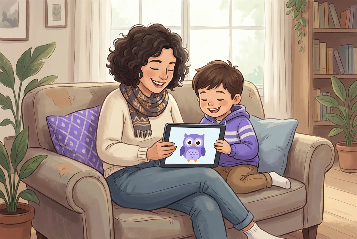 Un bambino e sua madre seduti insieme sul divano di casa, sorridenti, mentre guardano un tablet con un simpatico gufo viola animato sullo schermo