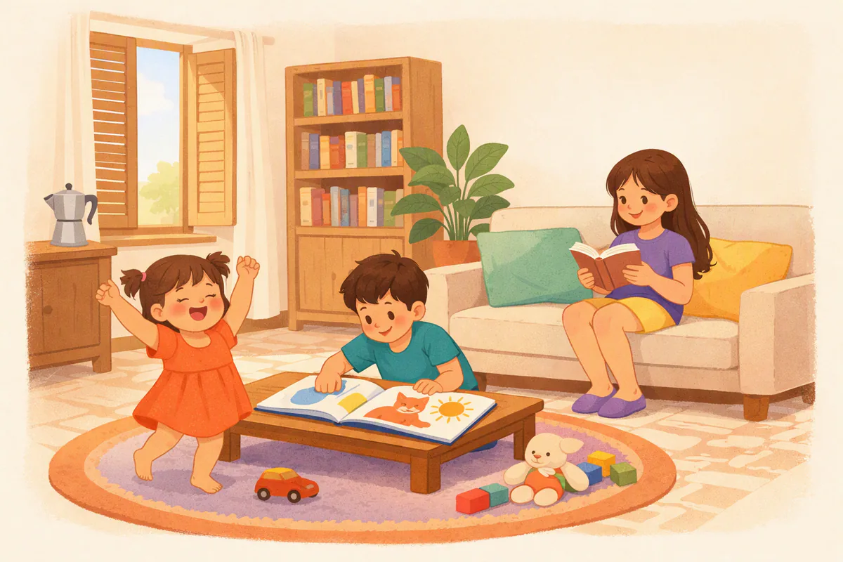 Tre fratelli di età diverse nel soggiorno di casa: la più piccola canta e balla, il bambino di mezzo indica un libro illustrato, la più grande legge ad alta voce