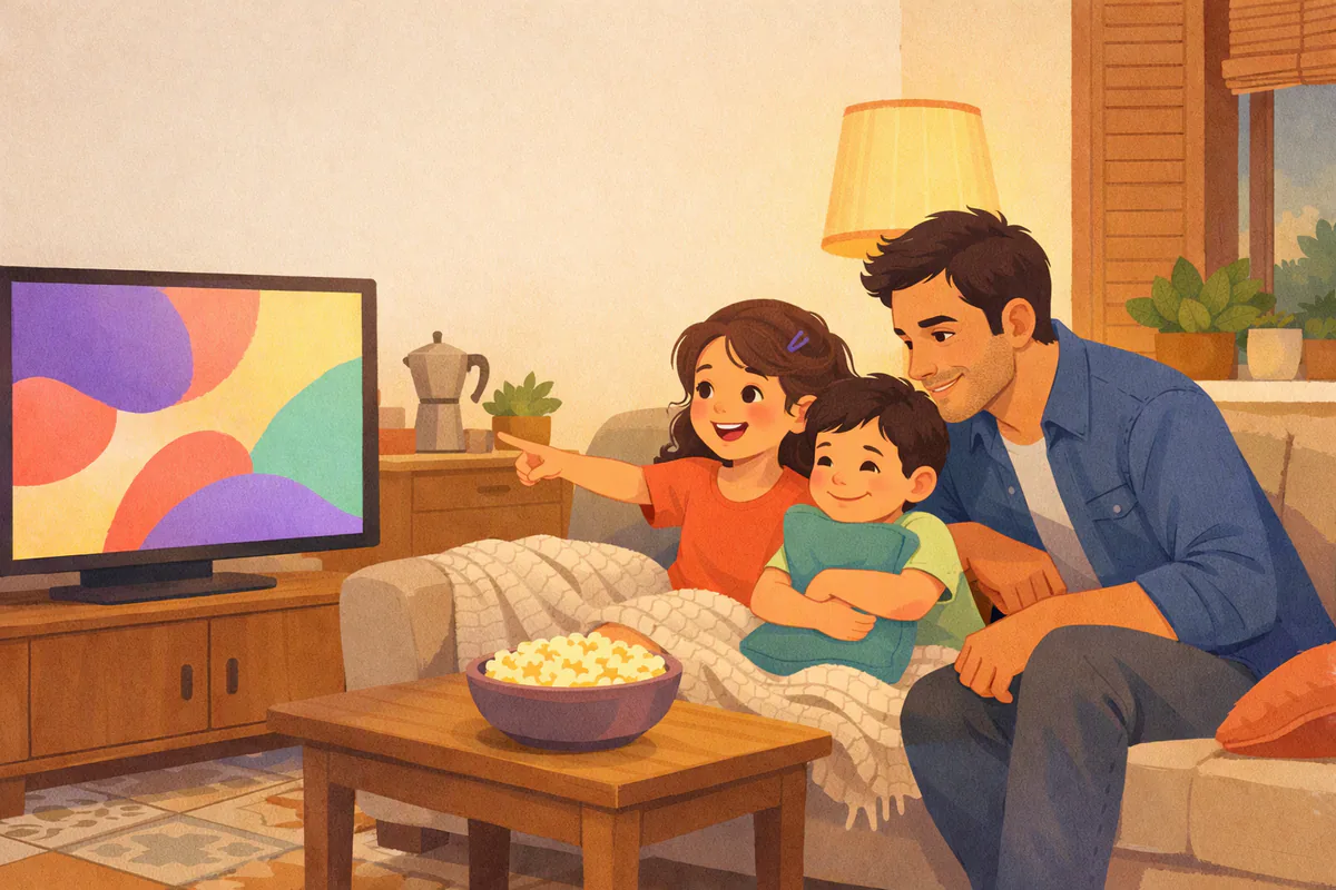 Un papà e due bambini sul divano guardano un cartone su un televisore, la bambina più grande indica lo schermo e ripete una parola
