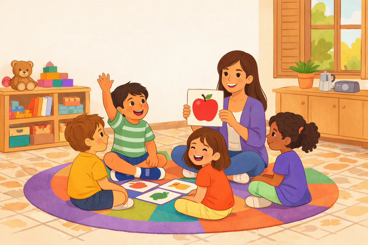 Un piccolo gruppo di bambini seduti in cerchio su un tappeto colorato gioca con le carte illustrate insieme a una giovane insegnante, che mostra la carta di una mela rossa